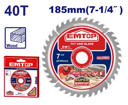 TCT Saw Blade 185mm (7-1/4"), 40T For Wood, 20mm Arbor, With 16mm Reduction Ring, For Circular Saw